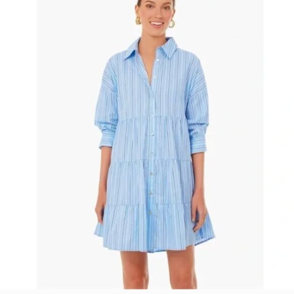 Pomander Place Tuckernuck Shades of Blue Stripe Tiered Cara Mini Dress M Medium - Picture 1 of 8